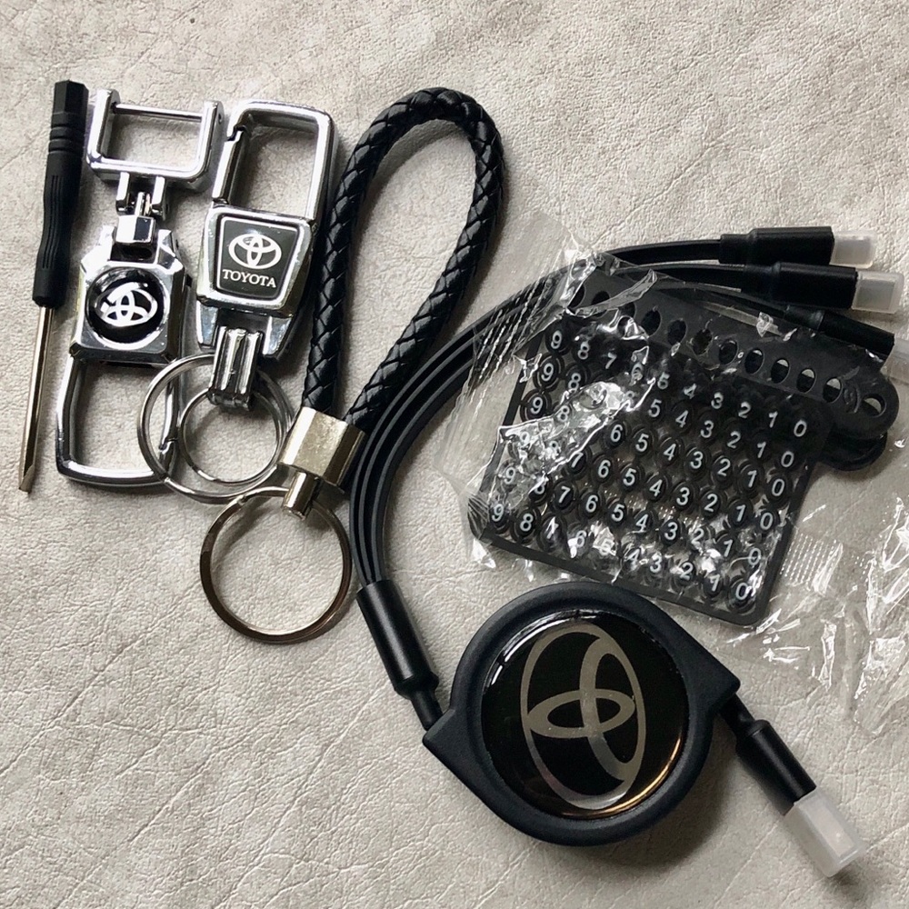 Toyota Package: 2 Keychains, 4 Tire Caps, Braided Keychain, 3-in-1 Charger Cable